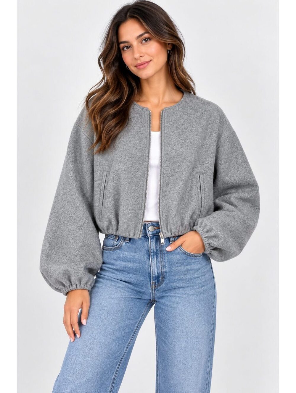 Zara Gray Cropped Wool-Look Bomber Jacket Zip Front Balloon Sleeve XL